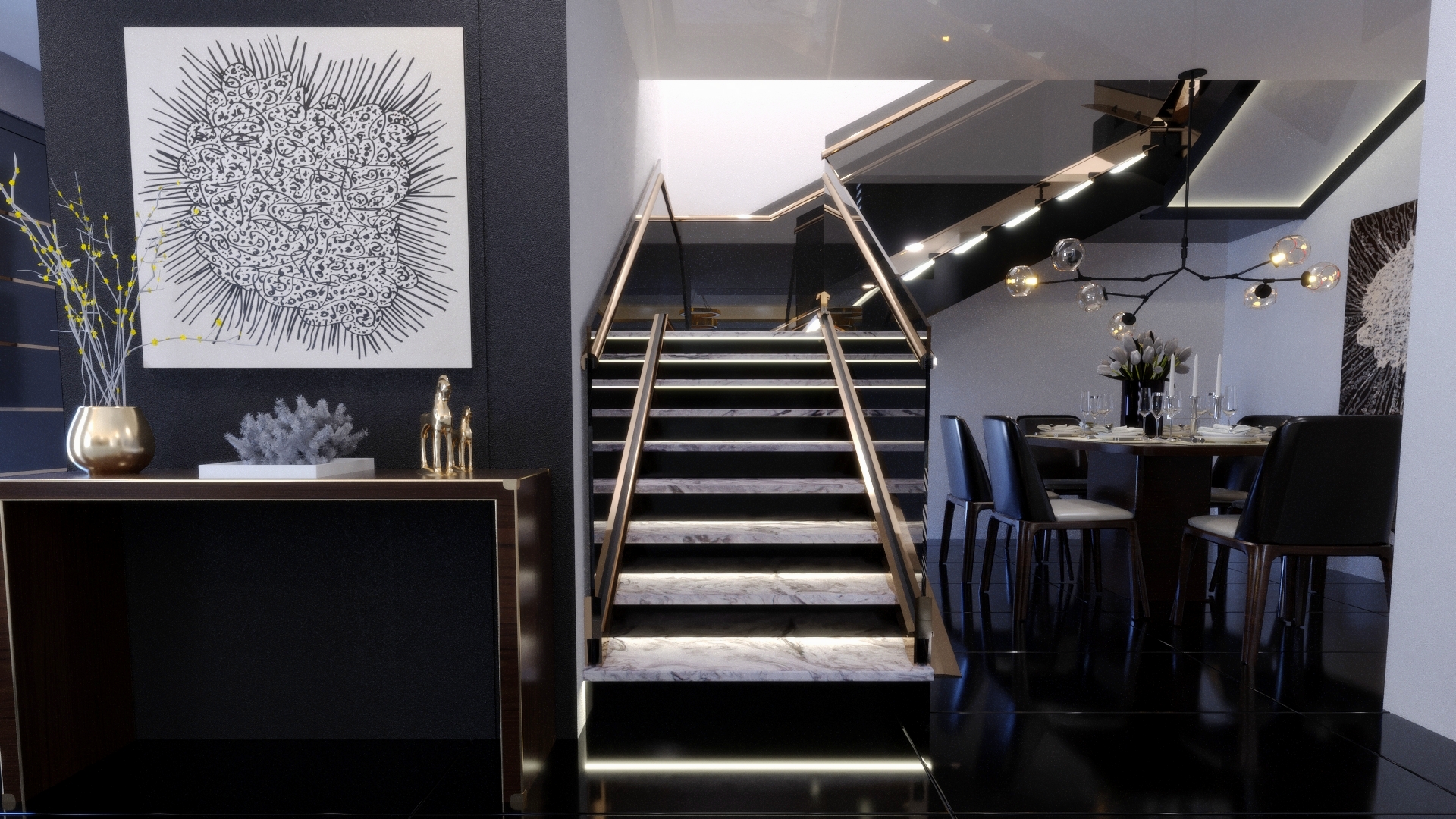 Living Room, staircase and Dining Block A view 4